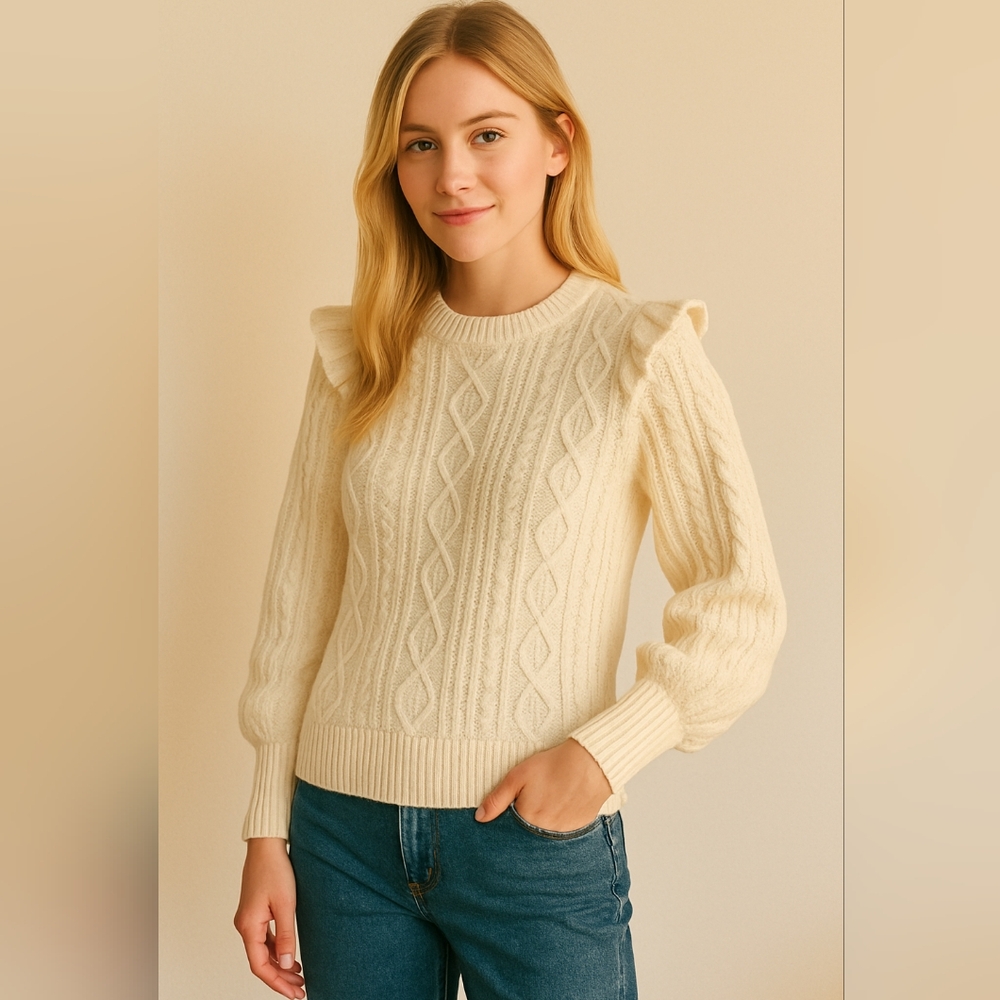 Madewell XS Ivory Cable Knit Sweater Puff Sleeve Ruffle Shoulder Cozy